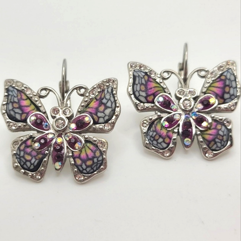 Rare 316L Stainless Steel Butterfly Earrings Vintage Pierce Multicolor